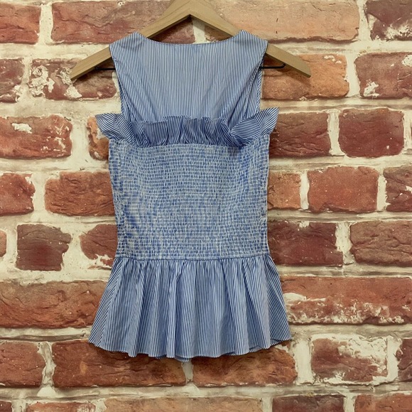 Chelsea 28 Top Women's Small Blue White Striped Ruffle Smocked Sleeveless Blouse - Picture 4 of 8